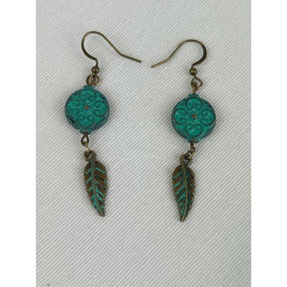 Unbranded Jewelry - Boho Vintage Style Copper Green Patina Earrings Leaf Feather Dangle Hooks
